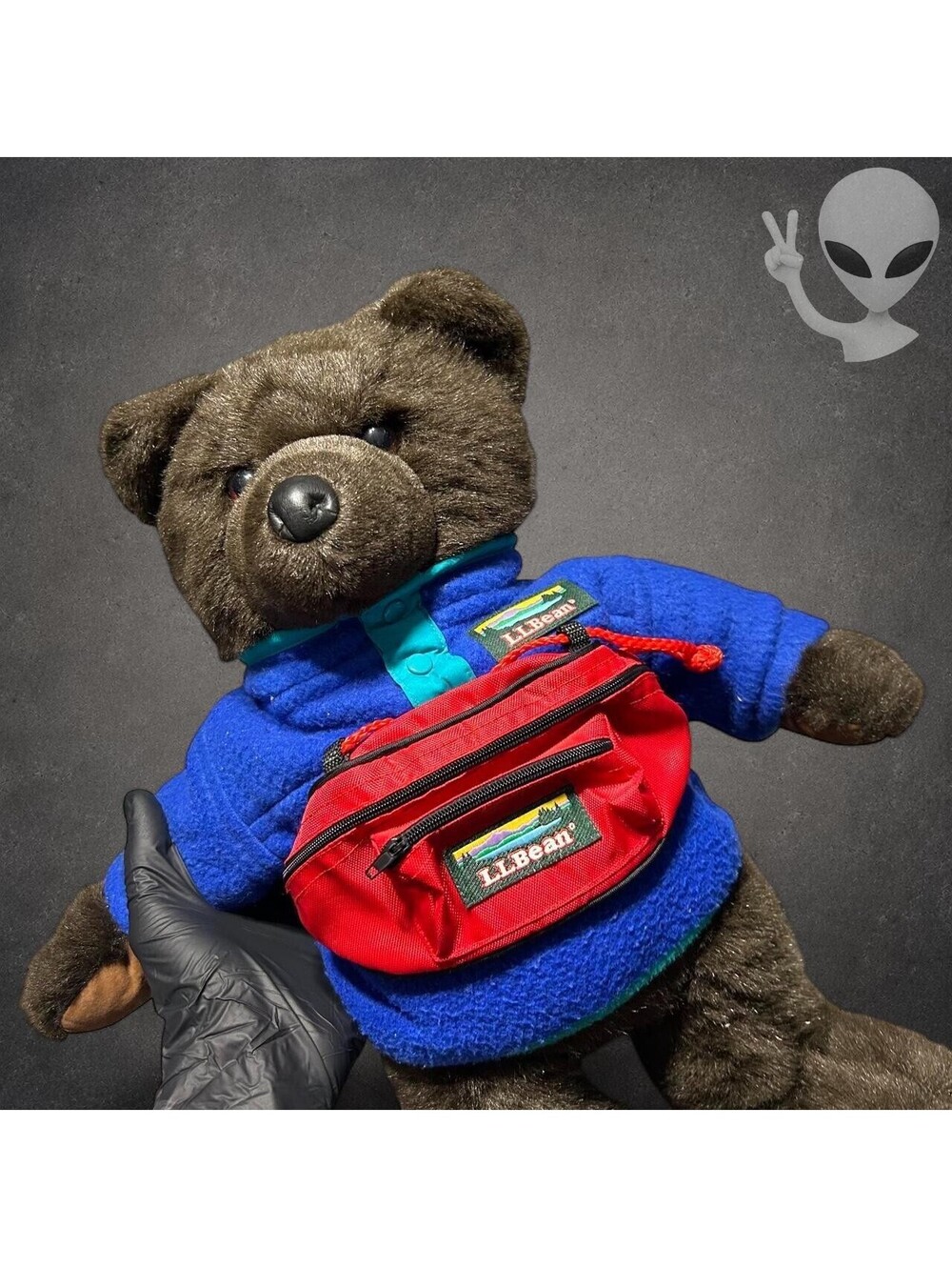 Vintage L.L. Bean Teddy Bear Plush Blue Fleece Pullover Red Fanny Pack 16